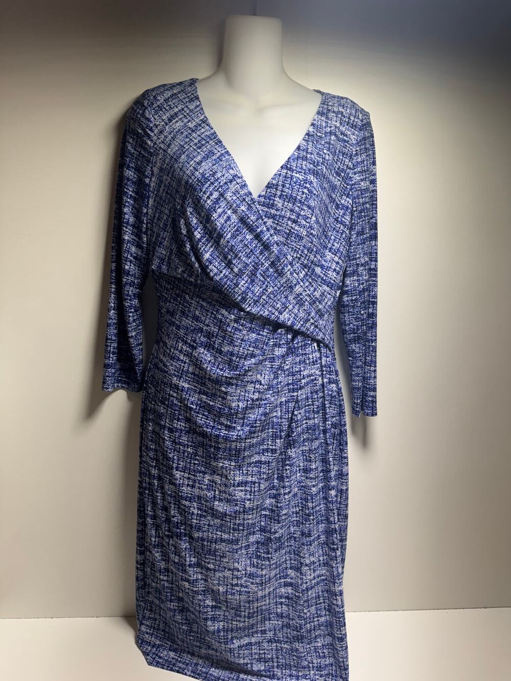Lauren Ralph Lauren Women’s Dress Sz 10 Blue White Long Sleeve V Neck Ruched
